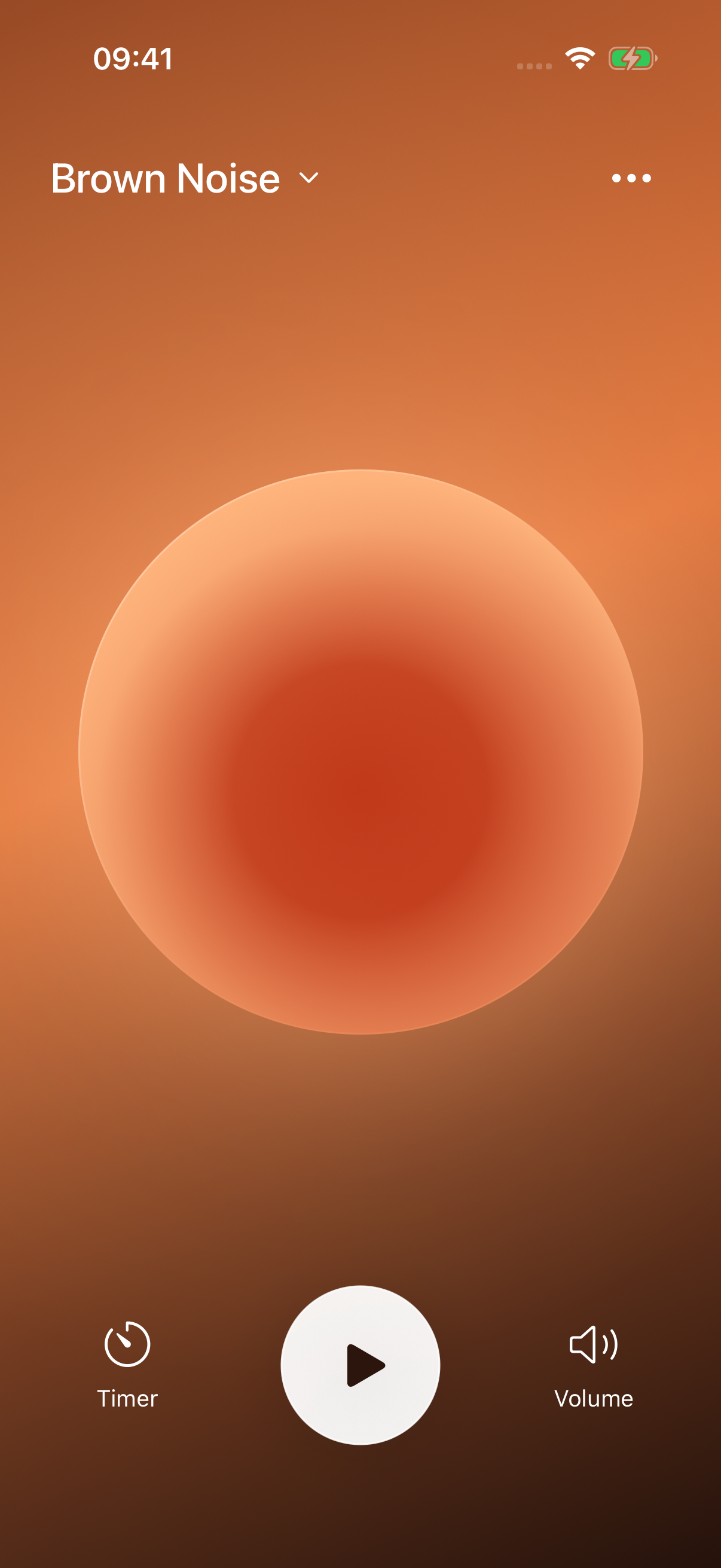 Sof’s Brown Noise player, with a glowing orange sphere and simple timer, play and volume controls